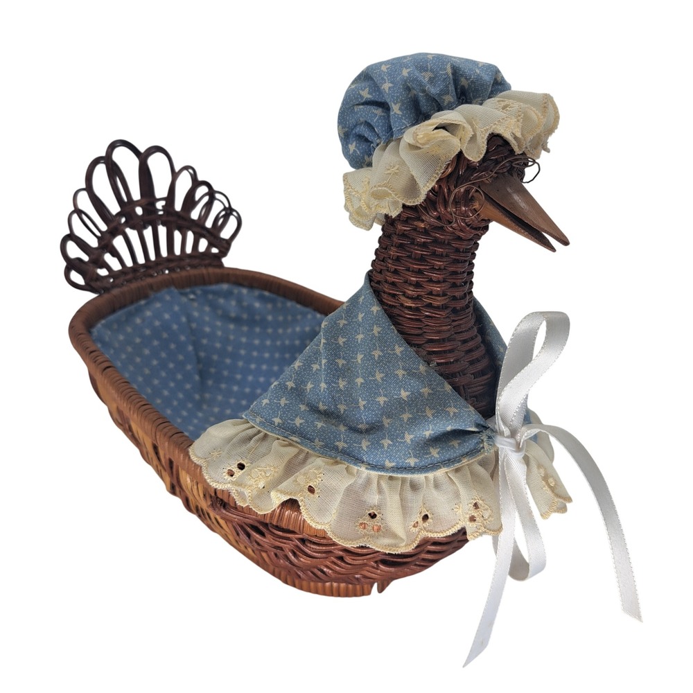 VTG Wicker Goose Basket Mother Goose Bonnet Glassesβ Blue Fabric Liner Country
